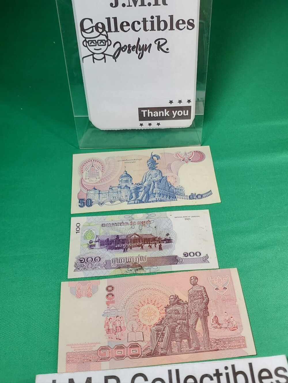 thai and cambodian banknote set: 100 baht, 100 riel, 50 riel - circulated